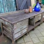 Prachtige Grote Vintage Industriele Toonbank Werkbank 273 Cm thumbnail 9