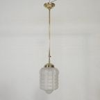 Art Deco Hanglamp Met Mat Glazen Kap En Messing Armatuur, Jaren 30 thumbnail 4