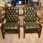 2 X Engelse Chesterfield Fauteuils/Stoelen In Nieuwstaat Antiek Groen thumbnail 4