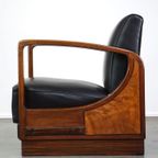 Unieke Cognac Kleurige Rundleren Artdeco Design Fauteuil Gecombineerd Met Hout thumbnail 6