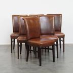 Set Van 6 Nette Eetkamerstoelen Gemaakt Van Schapenleer In Een Warme Cognac Kleur thumbnail 6