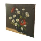 Bloemen Stilleven Schilderij Margrieten Klaproos Gesigneerd 47x38cm thumbnail 6