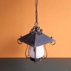 Vintage Hanglamp, Lantaarntje, Smeedijzer En Gestreept Glas thumbnail 3