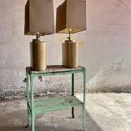 Architectural Table Lamps In Travertine And Brass Style Maison Jansen , 1970S thumbnail 16