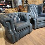 2 X Gave Engelse Chesterfield Fauteuils Jeans Blauw thumbnail 4