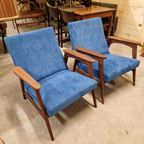Vintage Fauteuil Nieuw Bekleed Kobalt Blauwe Ribstof thumbnail 2