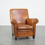 Comfortabele En Grote Vintage Cognac-kleurige Schapenleren Fauteuil/armchair Strak Afgewerkt thumbnail 8