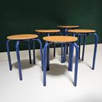 5 Leuke Vintage Retro Houten Schoolkrukjes Hout Blauw thumbnail 4