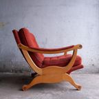 Pair Of Red Fabric And Wooden Club Chairs With Soft Lined Design. thumbnail 10