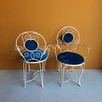 Brocante Vintage Smeedijzeren Set Stoelen Met Blauw Velours thumbnail 5