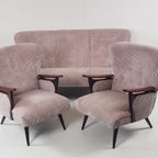 Vintage Fauteuils + Bank | Bankstel Roze Ribstof Nieuw Teak thumbnail 11