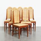 Unieke Set Van 6 Houten Art Deco Design Eetkamerstoelen Met Een Rieten Zitting En Rugleuning thumbnail 2