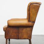 Comfortabele Vintage Oorfauteuil Gemaakt Van Karakteristiek Schapenleer thumbnail 13