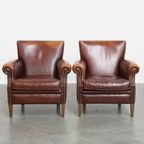 Karaktervolle Set Van 2 Vintage Schapenleren Armchairs Met Warme Kleuren En Een Mooi Patina thumbnail 2