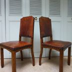 Set Van 6 Eiken Art Deco Eetkamerstoelen In Bruin Leer thumbnail 16