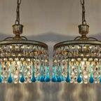 Set Van 2 Blauw Azuur Kroonluchters Hanglampen Teardrop Pegels Vintage thumbnail 2