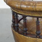 Antieke Engelse Rundleren Fauteuil/ Bureaustoel Gecombineerd Met Hout Op Originele Wieltjes Met E thumbnail 11