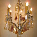 Antieke Franse Zilverkleurige Kroonluchter Met Gekleurde Pegels thumbnail 11