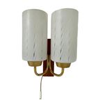 Vintage - Mcm - Wall Mounted Lamp / Sconce With Two Bulbs - Glass, Brass And Teak Wood thumbnail 6