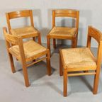 Set Van 4 Vintage Design Hout En Riet Eetkamerstoelen thumbnail 8