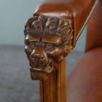 Statige Antieke Hollandse Fauteuil Met Leeuwenkoppen Opnieuw Bekleed Met Cognac Kleurig Rundleer thumbnail 10