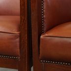 Statige, Luxe Set Van 4 Cognac Kleurige Rundleren Art Deco Design Fauteuils thumbnail 19