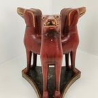 Zeldzame Antieke Houten Tafel Met Hondenkoppen En Bloemenschildering thumbnail 2