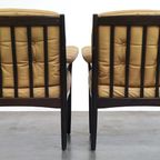 Leuke Set Zweedse Vintage Design Fauteuils Van G Möbel Cremé/ Beige Leer En Donker Hout thumbnail 7