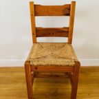 Set Van 4 Vintage Massief Grenenhouten Stoelen Met Biezen Zitting thumbnail 3