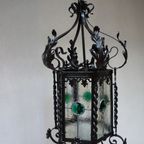Antieke Smeedijzeren En Glas-In-Lood Lantaarn Hallamp, Frankrijk 1900 thumbnail 3