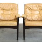 Leuke Set Zweedse Vintage Design Fauteuils Van G Möbel Cremé/ Beige Leer En Donker Hout thumbnail 18