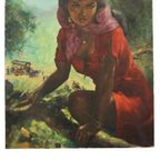 Groot Schilderij Zigeunerin Jonge Vrouw Olieverf Op Doek 1964 thumbnail 12