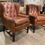 2 X Stoere Industriële Chesterfield Oorfauteuils In Generfd Cognac Vintage Leder Ralph Lauren thumbnail 4