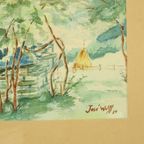 Aquarel José Wolff Kunst Schilderij Houten Barok Stijl Lijst 1924 thumbnail 2
