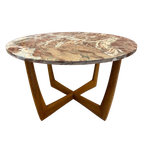 Round Red / Pink Marble Coffeetable With Mid Century Wood Base thumbnail 2