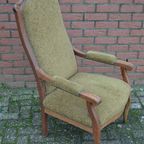 Antieke Eiken Armfauteuil Met Groene Stoffering thumbnail 9