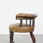 Antieke Engelse Rundleren Fauteuil/ Bureaustoel Gecombineerd Met Hout Op Originele Wieltjes Met E thumbnail 6