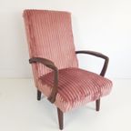 Vintage Teakhouten Fauteuil Roze Rib Nieuw Gestoffeerd thumbnail 4