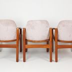 3 Vintage Deense Teakhouten Stoelen Roze Ribstof Nieuwe Stof thumbnail 2