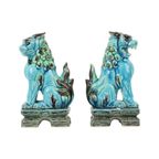 Koppel Vintage Chinese Komainu Guardian Lions Foo Dogs Blauw Aardewerk 20Cm thumbnail 4