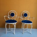 Brocante Vintage Smeedijzeren Set Stoelen Met Blauw Velours thumbnail 7