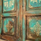 Antiek Wandpaneel / Oude Houten Deur In Turquoise Blauw Met Goud Patronen. thumbnail 3