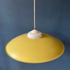 Mid Century Deense Hanglamp  Met Gele Metalen Kap En Opaline Glazen Kap thumbnail 11