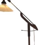 Vintage - Teak Wooden - Floor Lamp With Foldable Arm - Opaline Glass Shade - Denmark, Ca. 1950 thumbnail 4