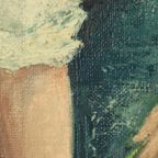 Vintage Schilderij Vrouw Bloemenpluk Acrylverf Op Doek Gesigneerd thumbnail 6