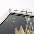 Vintage Dienblad Vogels Zwart Glas Chroom Jaren 50-60 Plateau 40X26Cm | Kerst thumbnail 9