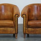 Leuke Set Van 2 Vintage Schapenleren Clubfauteuils Met Een Prachtig Patina thumbnail 2