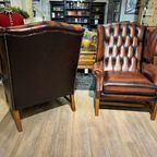 2 X Engelse Xl Chesterfield Oorfauteuils In Darkrust / Rood Bruin Leer Georgian thumbnail 8