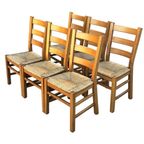 Vintage Set Van 6 Eetkamerstoelen Eiken En Riet Design thumbnail 2