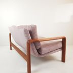 Vintage Teakhouten Bank Licht Roze Ribstof | Roze Bank Hout thumbnail 4